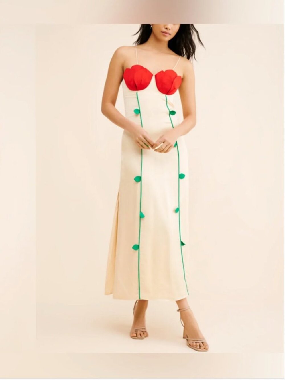 Farm Rio Rose Detailed Sleeveless Silky Creamy Red Midi Dress size M